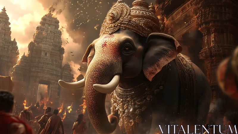 Regal war elephant advances through burning temple complex