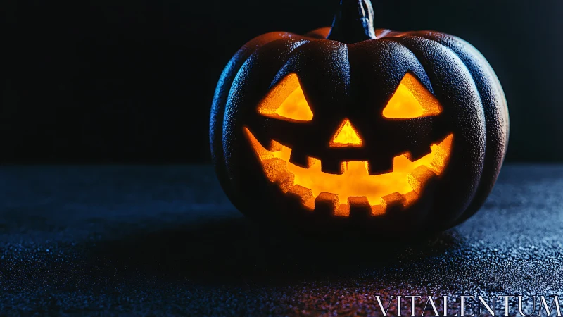 Carved jack o lantern glows with inner light in darkness