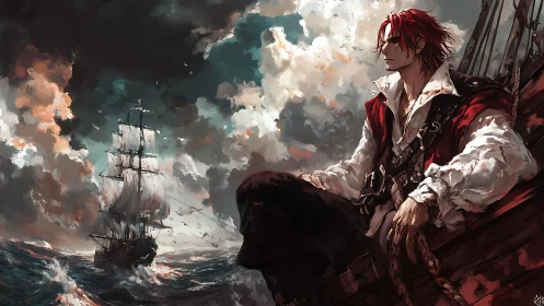 Storm-lit privateer studies horizon from weathered ship rail