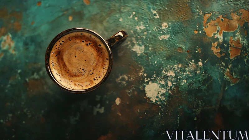 Rustic coffee cup against textured teal patina backdrop.