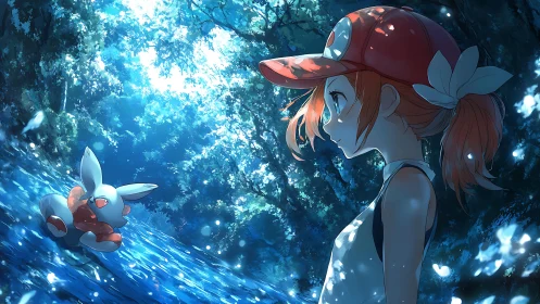 Girl meets small creature under luminous forest canopy