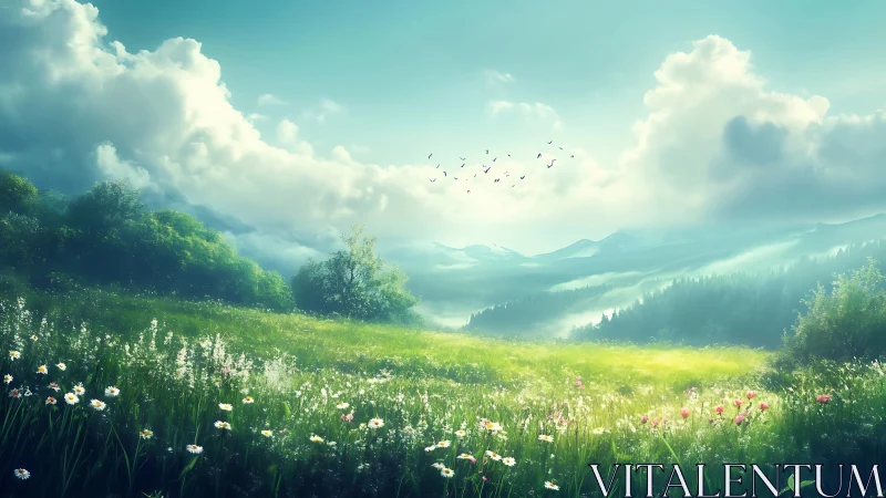 Sunlit meadow whispers beneath soft roaming clouds.