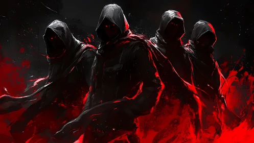 Hooded figures in red and black abstract digital scene.