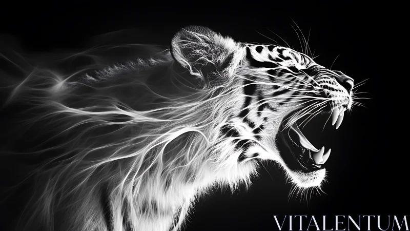 White energy tiger roar in dynamic monochrome motion.