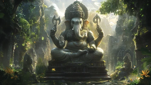 Serene Ganesha statue presides over a misty jungle temple courtyard