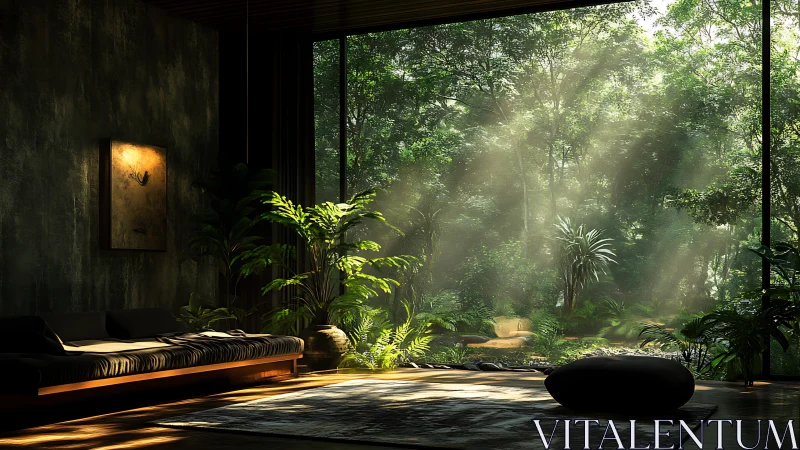 Sunbeams quietly turn this forest-facing lounge into poetry