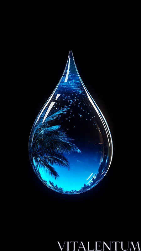 Tropical shoreline encapsulated inside luminous water droplet