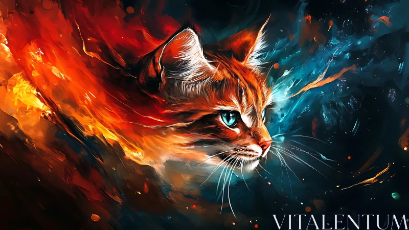 Feline profile in dual-toned abstract cosmic environment.
