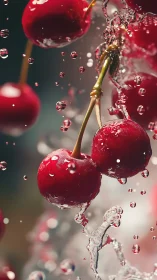 Close view of red cherries with water splash motion.