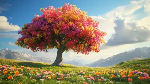 Chromatic canopy tree in alpine meadow under volumetric sky.