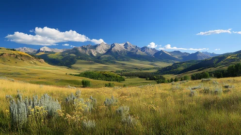 Mountain valley landscape under clear blue sky panorama.
