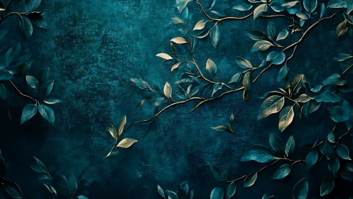 Golden vines climb across deep teal textured wall art