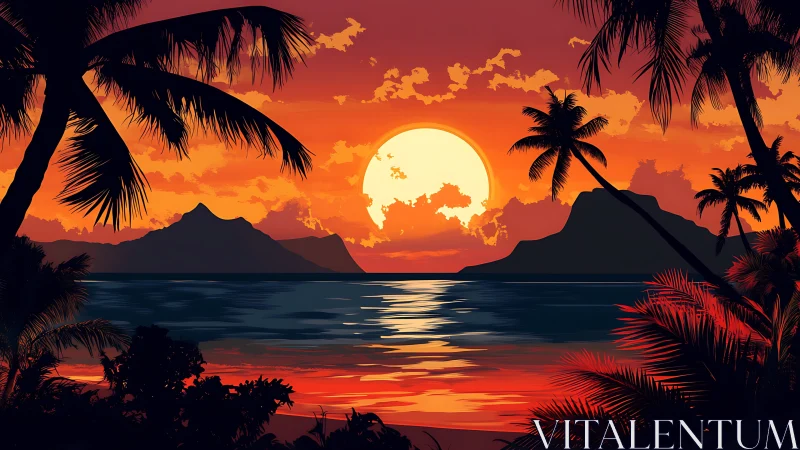 Tropical ocean sunset with silhouetted palms and distant islets
