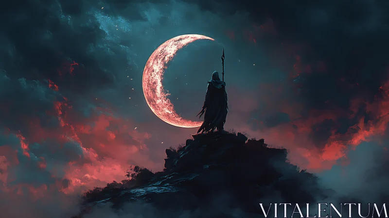Crescent moon sentinel crowns a storm of crimson clouds