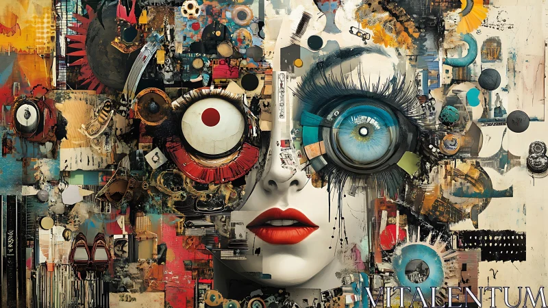 Surreal collage portrait gazes outward through vibrant chaos