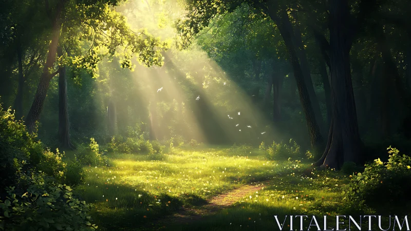 Enchanted forest clearing with sunrays and vibrant greenery, digital art.
