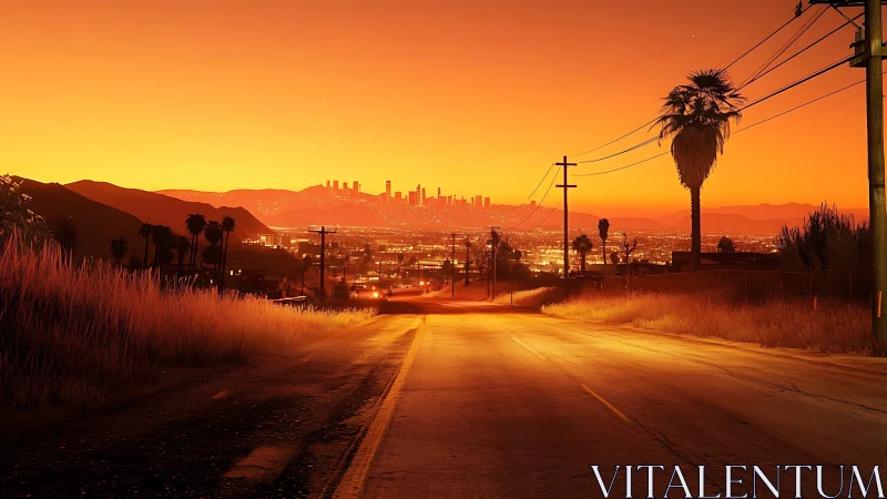Sunset-lit road leading toward distant illuminated city skyline