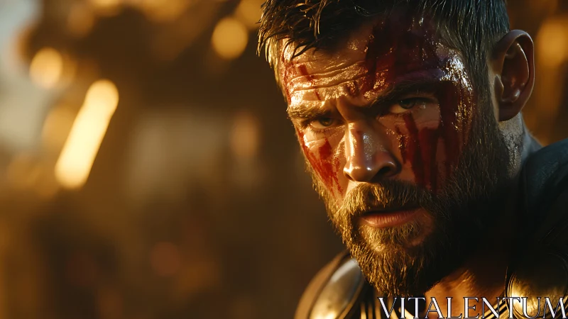 Battle worn warrior gazes ahead with fierce resolve.