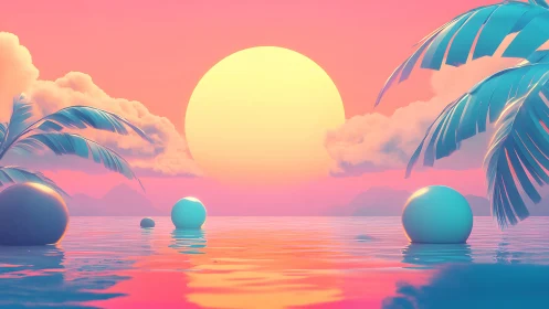 Neon sun melts over pastel isles and dreaming chrome tides
