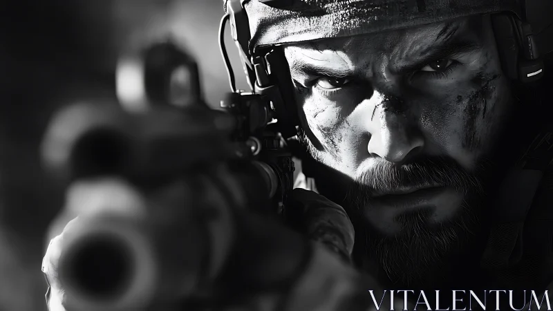 Soldier aiming rifle in intense black and white portrait.