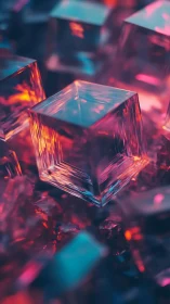 Iridescent crystal cubes in neon cyan magenta bokeh field.