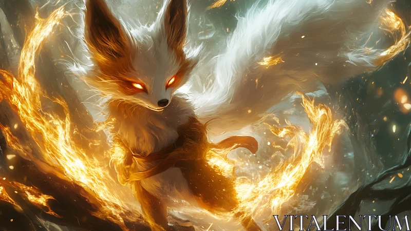 Ember-eyed fox spirit whirls living fire in a wild forest.