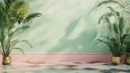 Tropical indoor palms in gold planters against mint wall backdrop