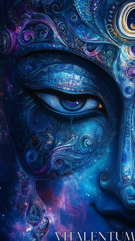 Celestial blue deity portrait with ornate fractal filigree detailing.