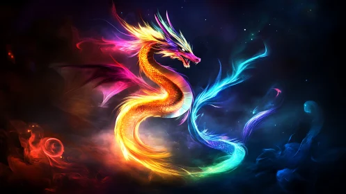 Vibrant multicolor dragon coiled in a glowing cosmic void.