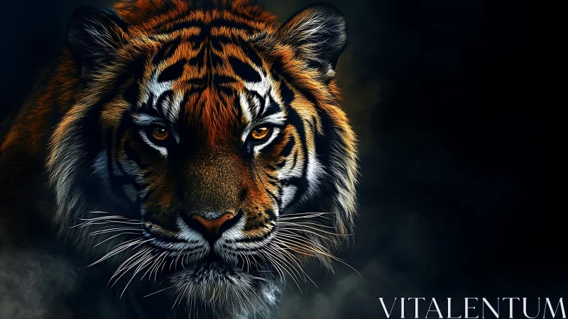 Tiger eyes burn through shadow in dramatic digital portrait.