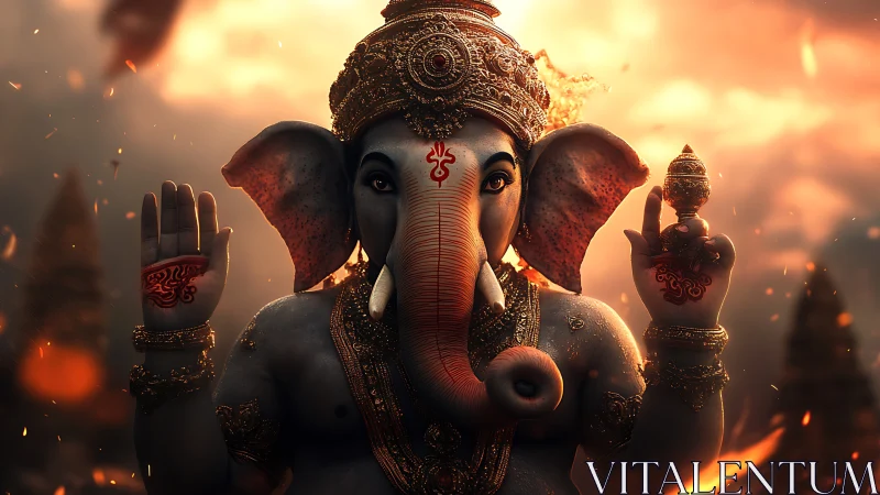 Elephant-headed deity figure stands in ornate regalia