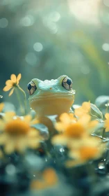 Tree frog portrait framed by soft-focus wildflowers glows