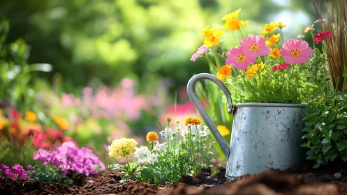 Colorful garden flowers growing in rustic metal watering can.