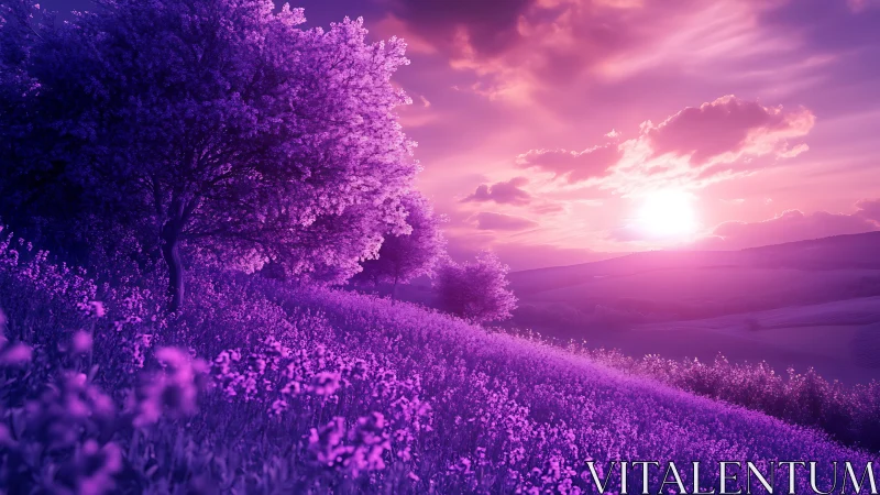 Iridescent magenta hillside landscape captures stylized sunset glow