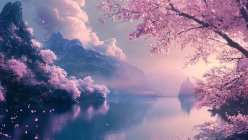 Pastel cherry blossom valley reflects over tranquil mountain lake
