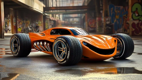 Orange concept race car in urban graffiti environment.