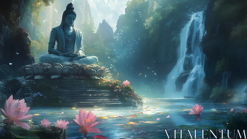 Serene Buddha statue in misty lotus pond waterfall scene.