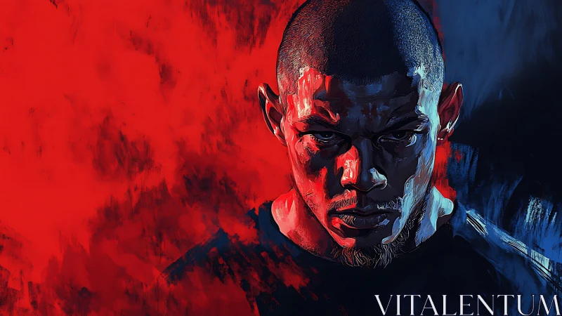 Portrait depicts a man in high contrast red and blue lighting