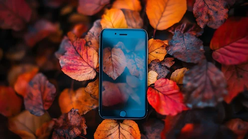 Smartphone on reflective glass screen framed by autumn foliage
