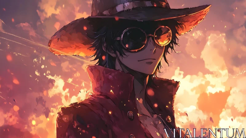 Cool anime wanderer wearing hat and glasses at sunset.