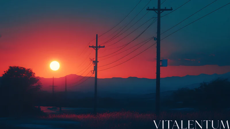 Telegraph poles in chromatic sunset over layered ridgeline.