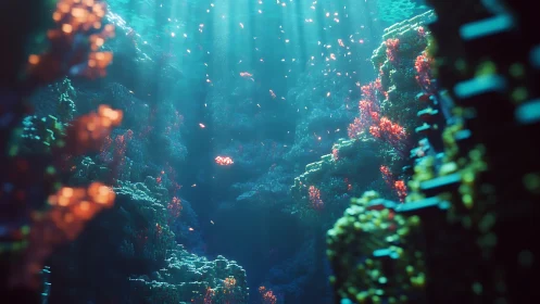 Volumetric light streams across voxel coral canyon seascape