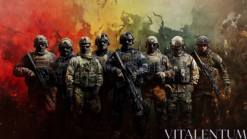 Eight silent operators stand carved from smoke and fire