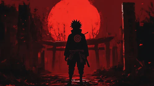 Silhouetted ninja before crimson sun and ruined torii gate