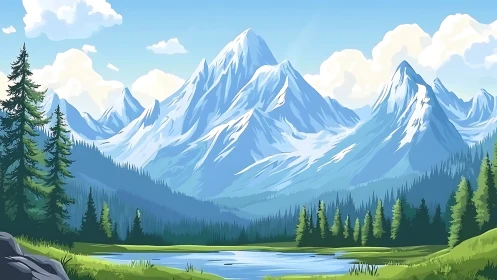 Verdant lake cradles bright peaks under storybook skies