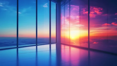 Panoramic glass interior captures high-altitude sunset gradient