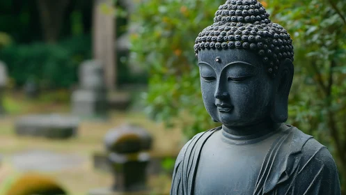 Serene stone Buddha statue in verdant garden setting.