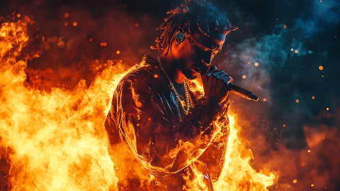 Fiery hip-hop vocalist immersed in dynamic orange-blue flames.