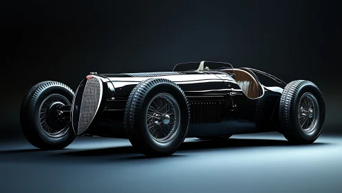 Velvet-black vintage race car glows like midnight thunder.