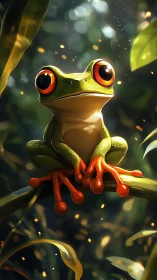 Digital render depicts stylized tree frog on jungle branch